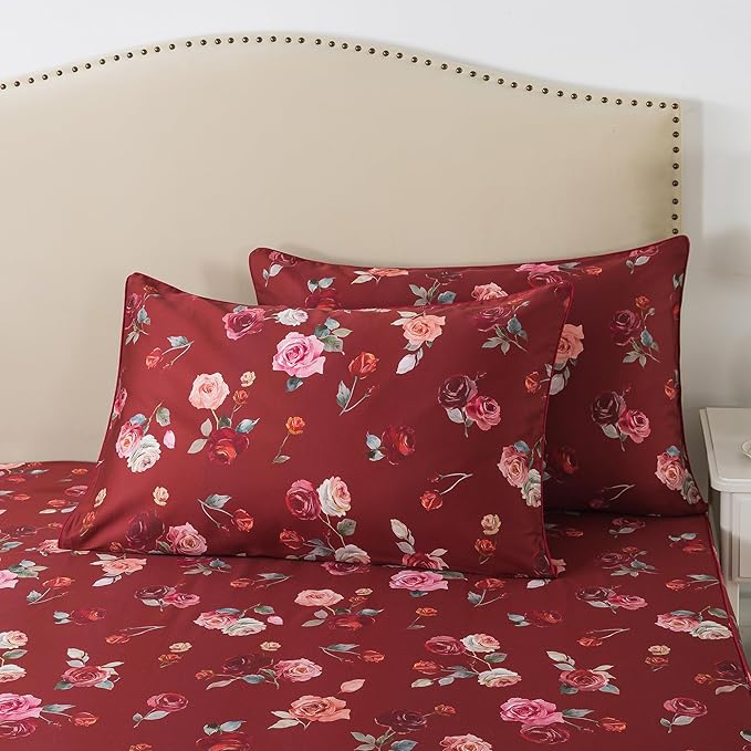 FADFAY Red Rose Sheets Set Twin Vintage Rose Floral Bedding Chic Rose Flower Bed Sheets Shabby Farmhouse Bedding 100% Percale Egyptian Cotton 800 Thread Count Deep Pocket Fitted Sheet 4Pcs, Twin Size