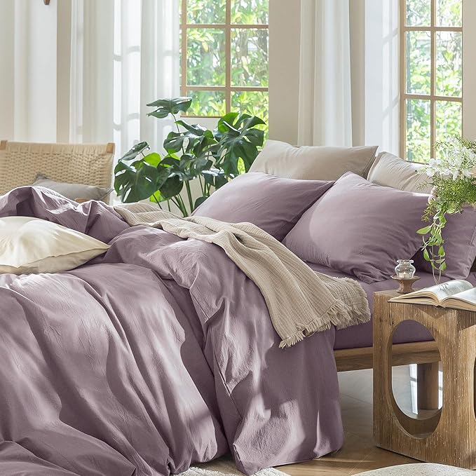 MooMee Bedding Duvet Cover Set 100% Washed Cotton Linen Like Textured Breathable Durable Soft Comfy (Solid Taro Purple, Super King Plus 120"x120")