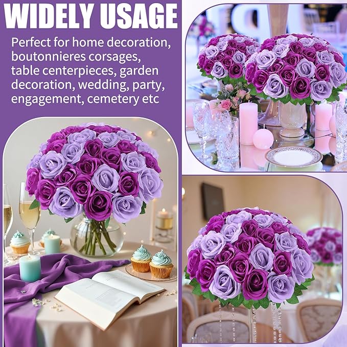 36 Pcs Lilac, Purple Artificial Roses with Long Stems, Fake Silk Rose Artificial Flowers Bulk for Bridal Wedding Bouquet Centerpiece Ball Arrangement Party Decor
