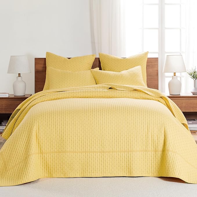 Levtex Home Cross Stitch Reversible King Bedspread Set (120x104in) with 2 Pillow Shams (36x20in) - Stitch Texture - Yellow - Cotton King Size Bedspread Set - Soft, Pre-Washed