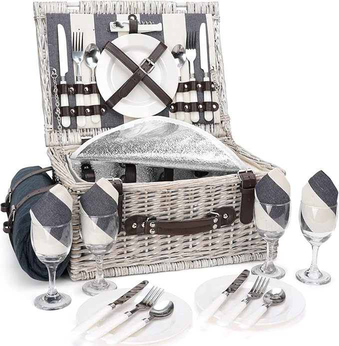 Picnic Basket Sets for 4 Persons with Insulation Layer,Waterproof Picnic Blanket, Tableware for Family,Party,Outdoor Living,Camping