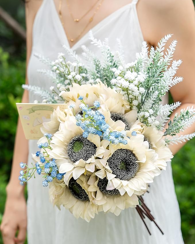 DuHouse 12pcs Artificial Sunflowers with Long Stems 5.5" Silk Sunflowers Bulk for Wedding Home Garden Outdoor Party Decoration(Beige)