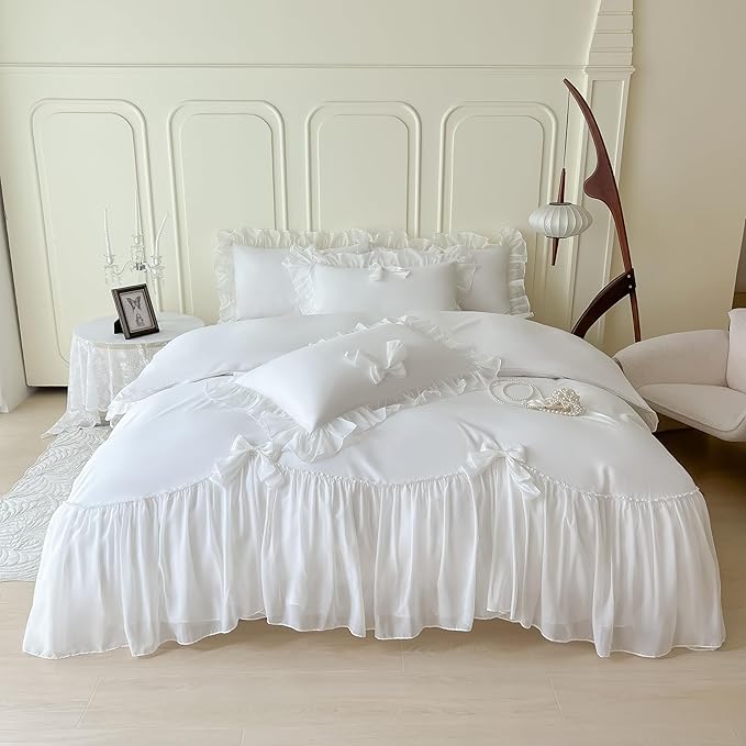 Ruffled Bedding Bow Duvet Cover Set with Butterfly Tie, Soft Brushed Microfiber Shabby Chic Bedding Set with Zipper Closure-White,Queen