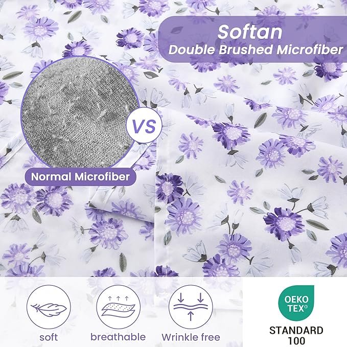 Softan Puple Floral Twin Sheet Set, 3-Piece Microfiber Printed Fitted Sheet with 15" Deep Pockets & Non-Slip Straps, White Flower Patterned Single Bedding Sheets & Pillowcase Set
