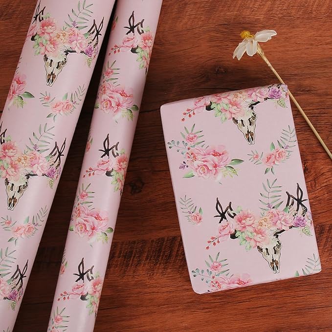 Aimyoo Pink Skull Floral Kraft Wrapping Paper Roll, All Occasion Flower Gift Wrap Paper for Birthday Wedding Bridal Shower 17 in x 10 ft