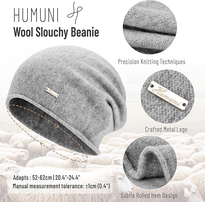 100% Wool Slouchy Beanie, Warm Beanie Hats for Women Breathable Knitting Skull Beanies Cap for Spring Fall Winter