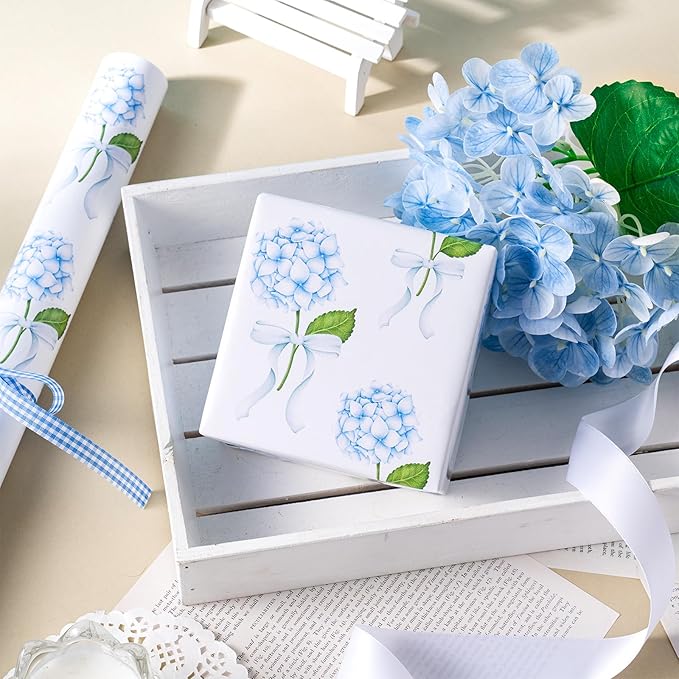LeZakaa Blue Hydrangea Wrapping Paper Roll for Girls Women, Hydrangea Flowers & Bows Design for Wedding, Bridal Shower, Baby Shower, Mother's Day, DIY Bouquet, Mini Roll, 17 inches x 16.4 Feet