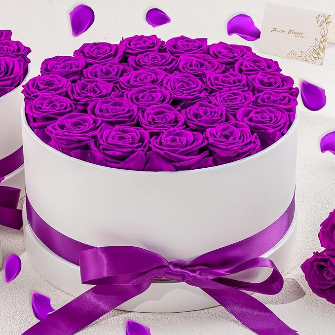 27 Forever Roses in Luxury White Box, Eternal Real Roses Gift for Women, Preserved Flowers for Delivery Prime, Anniversary, Valentine's Day, Birthday for Her (Purple)