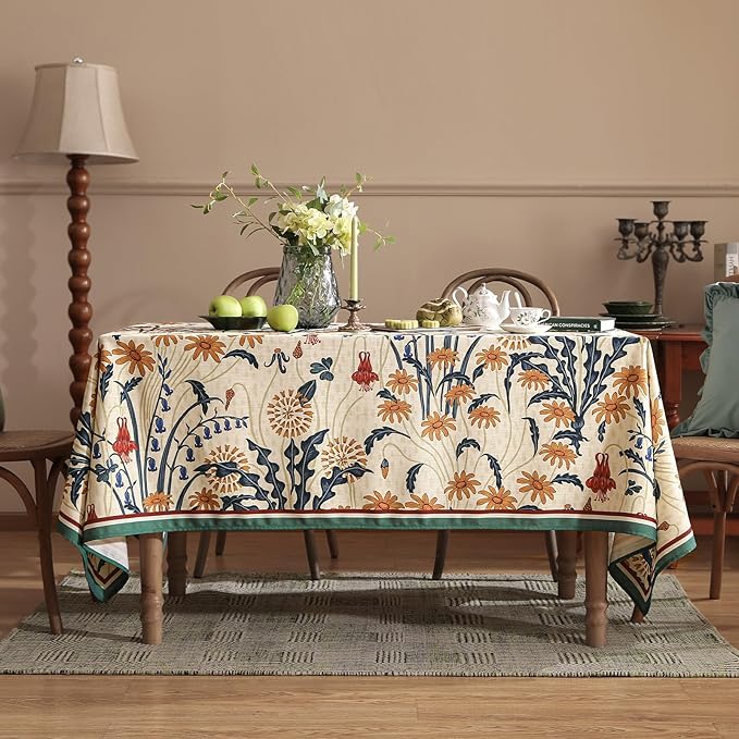French Vintage Long Rectangular Tablecloth,Linen Tablecloth with Gold and Red Floral Pattern,Decorative Table Cover for Kitchen,Dining,Thanksgiving,Party,Living Room,63" × 102"-Tijuana