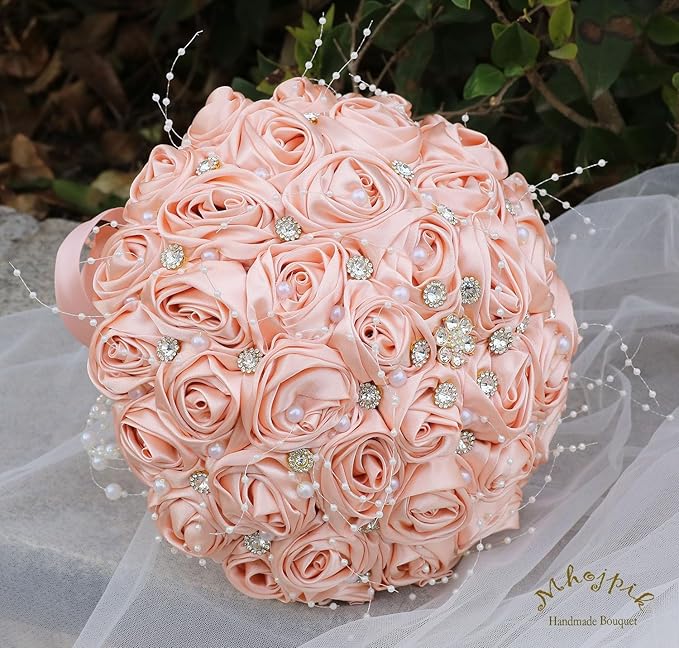 Bridal Wedding Bouquet Round Bling Brooch Bouquet Throw Toss Artificial Rose Flower Bunch for Bride Bridesmaid Wedding Quinceanera(Peach Pink, 6.3")