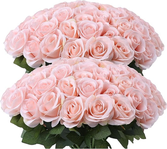 52pcs Blush Pink Roses Artificial Flowers Ivory Fake Flowers Silk Roses with Stems for DIY Wedding Bouquets Bridal Shower Centerpieces Arrangements Party Decorations