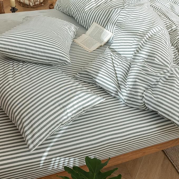 MooMee Striped Duvet Cover Set 100% Washed Cotton Linen Like Textured Breathable Durable Soft Comfy (Heathered Green Classic Stripes, Oversized Queen 98"x98")