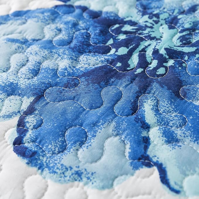 HoneiLife Quilt Sets King Size - 3 Piece Microfiber Quilts Reversible Bedspreads Print Coverlets Floral Bedding Set All Season Bedcover- Splash-Ink Painting,Blue & Cyan