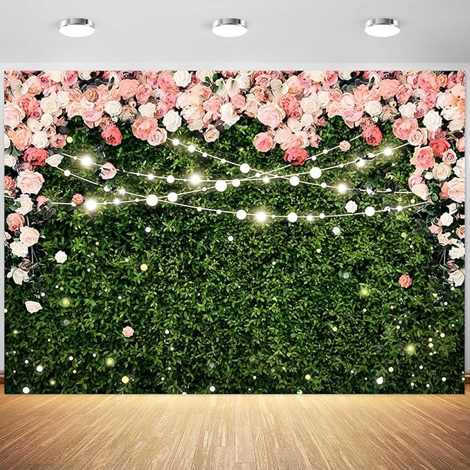 10x6.5ft Flower Wall Backdrop Pink Rose Floral Blossom Green Leaves Photography Background Women Girls Birthday Party Wedding Banner Decorations Portraits Supplies Photo Booth Props
