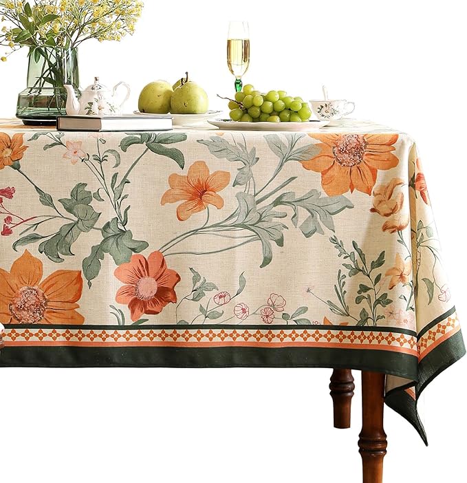 French Long Tablecloth for Rectangle Table,Linen Orange Floral Wrinkle Resistant Tablecloths,Decorative Table Cover for Kitchen,Dining,Tea Party,Thanksgiving,Christmas,63"*94"-Milch