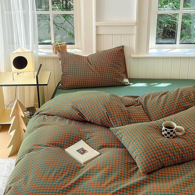 LifeTB Gingham Comforter Set Full Modern Style Orange Green Plaid Grid Comforter Soft Fluffy 3 Pieces Checkered Pattern Comforter Set Farmhouse Gingham Bedding Comforter with 2 Pillowcases