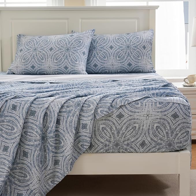 Zusbest King Size Sheets 100% Percale Cotton Grey Bed Sheet Set, Brushed Extra Softness, Breathable Luxury Flannel Like Sheets Modern Classic Navy Printed Deep Pocket Bed Set 17.5'' 4 Pcs