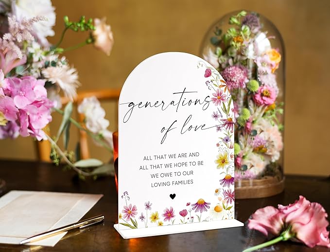Generations of Love Sign for Wedding Memorial Table, Wild Flower Arch Acrylic Wedding Signs for Reception, Love Is In Bloom Bridal Shower Floral Engagement Party Decorations, 6x8 Inch