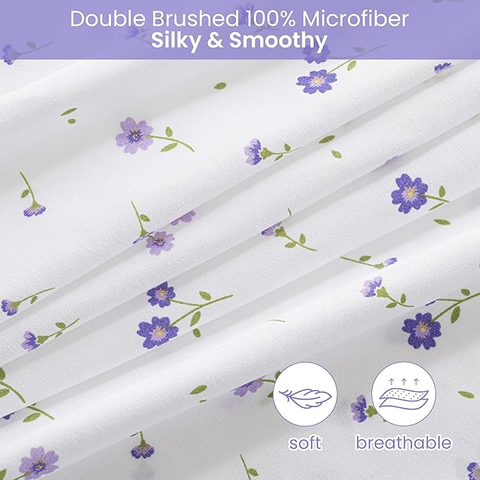 Softan Purple Floral Twin Size Sheet Set, 3 Pieces Microfiber Single Bed Sheets for Girls, Cozy Fitted Sheet with 15" Deep Pockets & Non-Slip Straps, Cute Purple Flower Sheets & Pillowcase Set