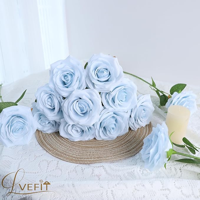 12pcs Artificial Rose Flower Ice Blue Rose Flower with Long Stem Silk Roses Bouquet for Wedding Bridal Shower Party Home Decoration