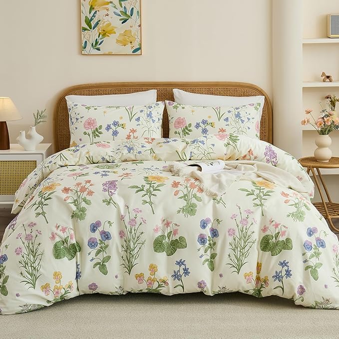 100% Cotton Duvet Cover Queen Size – Botanical Garden Print, Green Floral Duvet Cover Set with Zipper Closure, 3-Piece Soft Breathable Natural Cotton Bedding Set for All Seasons