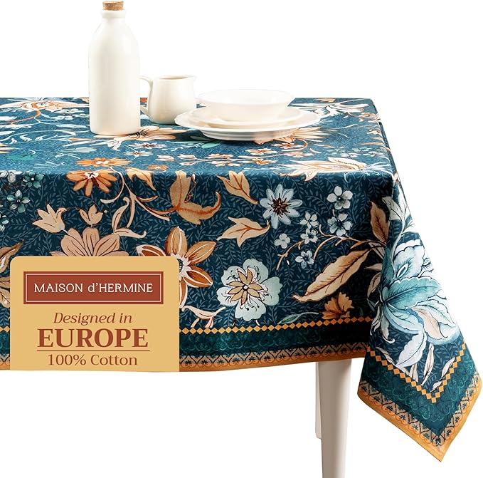 Maison d' Hermine Table Cloth Rectangle Table 100% Cotton 60 x 108 Inches Fall Tablecloth Reusable Everyday Use for Thanksgiving Christmas Decorations Dining Farmhouse Party (Luxury Loft - Dark Teal)