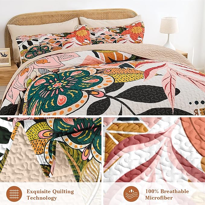 Quilt Set King Size, Boho Floral 3 Pcs Soft Bed Cover Bedding Set, Mid Century Flowers Lightweight Bedspread Coverlet with 2 Pillow Sham for All Season