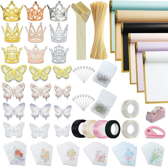 XEUZK 430Pcs Floral Wrapping Paper Kits, &120Sheet Waterproof Floral Paper, RibbonX3 Bamboo SticksX50, Tape Dispenser,Tape X2, Flower PinsX150, ButterfliesX48, CrownsX9, Greeting CardX30 for Wrapping