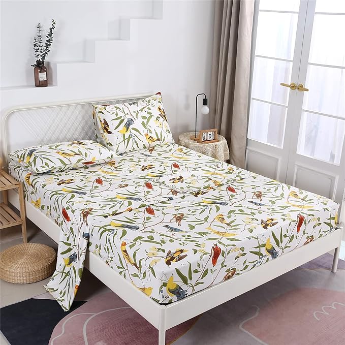 RYNGHIPY Farmhouse Flowers Print Bed Sheet Collection Set Botanical Floral Sheets with Pillowcases (White Green,Full Size)