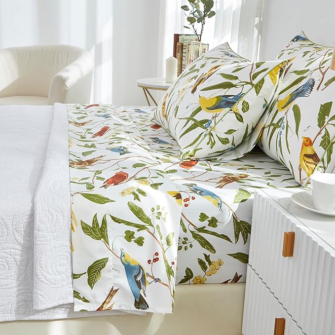 Brandream Eastern Floral Birds Bedding Chinoiserie Blossom Sheet Set Luxury Bedding 800TC 100% Egyptian Cotton Deep Pocket White Green Asian Style Botanical Ornamental Drawing, 4PC-King Size