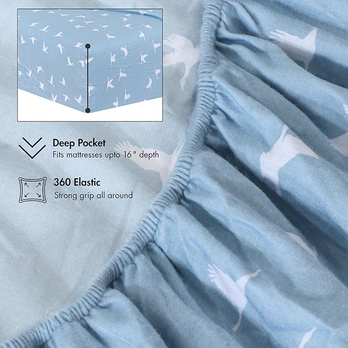 RUVANTI Flannel Sheets King Size - 100% Cotton Brushed King Bed Sheets Set - Deep Pockets 16 Inches - All Seasons Breathable & Extra Soft - Warm & Cozy, 4 Piece, We Fly