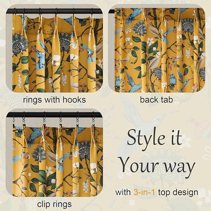 Mustard Yellow Curtains for Living Room Bedroom, Aesthetic Unique Rustic Pinch Pleated Drapes Cottagecore Floral Flower Printed Modern Farmhouse Window Treatment 63 Inch Length 2 Panels