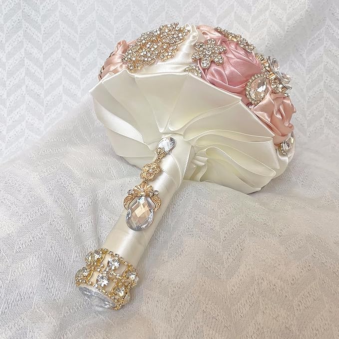 Handmade Satin Rose Floral Bling Pearl Decor Bridal Wedding Bouquet Rhinestone Pendant Artificial Brooch Flowers for Bride Bridesmaid Quinceanera
