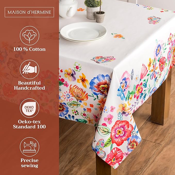 Maison d' Hermine Table Cloth Rectangle Table 100% Cotton 60 x 120 Inches Tablecloth Reusable for Dining Room, Farmhouse, Home, Party, Festive & Wedding Spring Summer - Happy Florals - High Summer