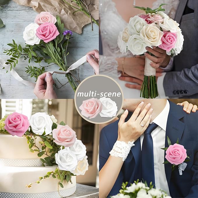 200PCS Pink Artificial Flowers Roses Real Looking Foam Fake Roses with Leaves for DIY Wedding Bouquets Bridal Shower Party Decorations (Pink Series, 200)