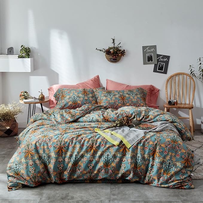 mixinni Vintage Style Garden Flower Queen Duvet Cover with Zipper Closure Soft Long Staple Percale Cotton Vibrant Pattern on Flower Bedding Quilt Cover Set(Queen, All Season)
