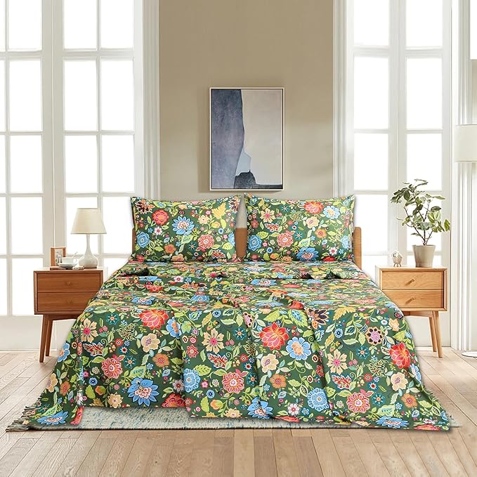Bedlifes California King Sheet Set Ultra Soft, Breathable, Silky Flower Deep Pocket 100% Microfiber Bedding, 4 Piece Cal King Size with Floral Dark Green