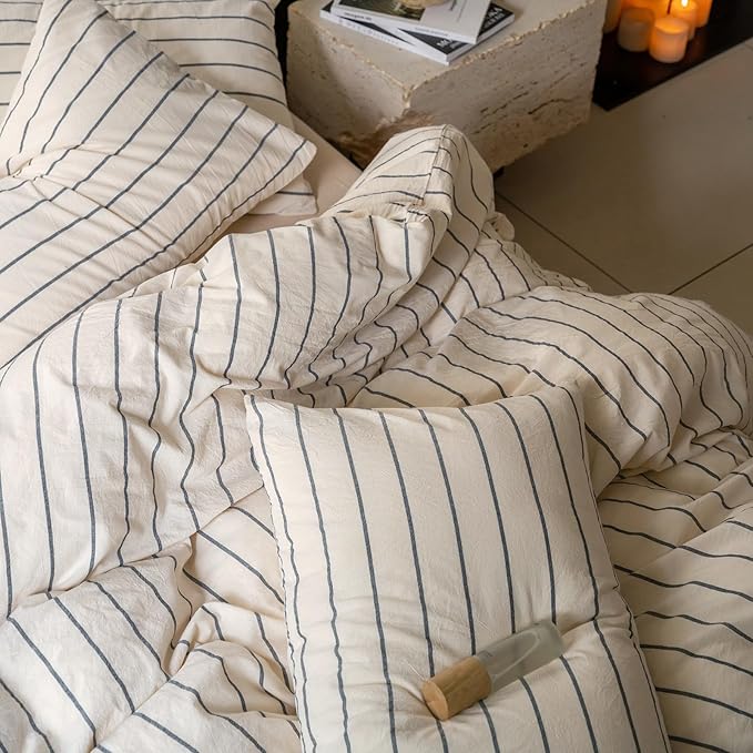 LifeTB Striped Comforter Set King Size Grey Stripes Pattern Printed Comforter 3 Pieces Lightweight Boho Bedding Comforter Set for All Seasons Breathable Soft Fluffy Beige Comforter with 2 Pillowcases