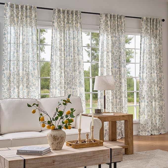 jinchan Linen Floral Curtains for Living Room with Printed Flower 84 Inches Long Light Filtering Farmhouse Window Treatment Vintage Drapes Back Tab Rod Pocket 2 Panels Blue on Beige