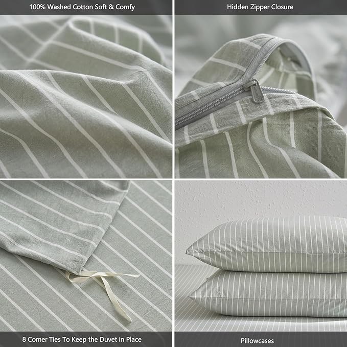 MooMee Striped Duvet Cover Set 100% Washed Cotton Linen Like Textured Breathable Durable Soft Comfy (Sage Green White Wide Stripes, Cal King 104"x98")