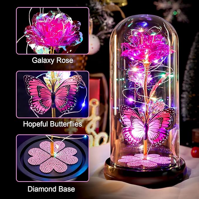 Christmas Rose Gifts for Women Birthday Gift Rechargeable Galaxy Glass Rose Light Up Roses In Glass Dome Forever Crystal Flowers Butterfly Xmas Gifts for Women Wife Grandma Her Sister Friends Pink