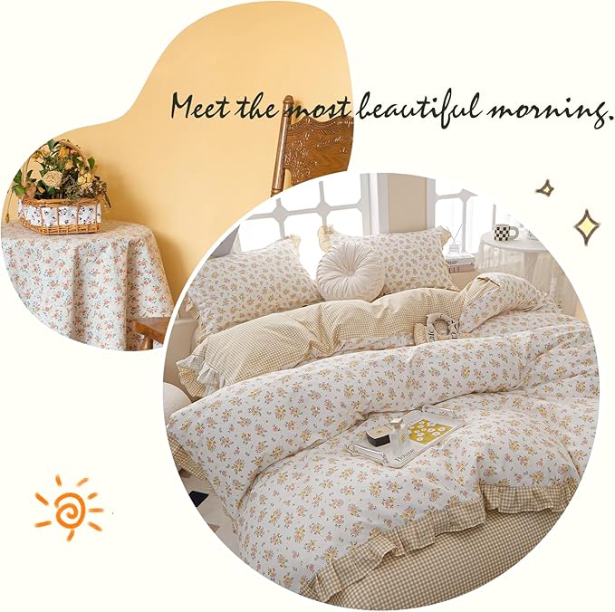 Floral Ruffle Duvet Cover King Chic Floral Lace Duvet Cover 100% Cotton Flower Bedding Set Romantic Ruffle Comforter Cover Vintage Garden Style Botanical Duvet Cover Girls Princess Bedding Set King