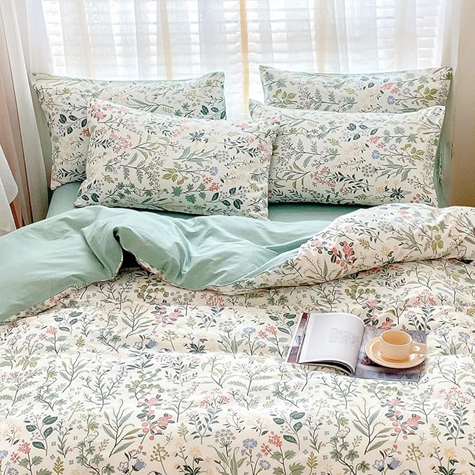 HighBuy King Cotton Duvet Cover Set Aesthetic Floral Bedding Sets Cozy Cotton Cottagecore Flower Duvet Cover Set King Vintage Style Luxury Soft Chic Boho Floral Bedding Collection for Women Girl