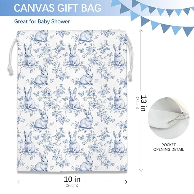 DSHFG Light Blue Chinoiserie Birthday Drawstring Gift Wrap Bags, Chinoiserie Bunny Baby Shower Drawstring Gift Bags Canvas, Blue and White Small Happy Birthday Bag, Bunny Gifts, 10x13 Inch
