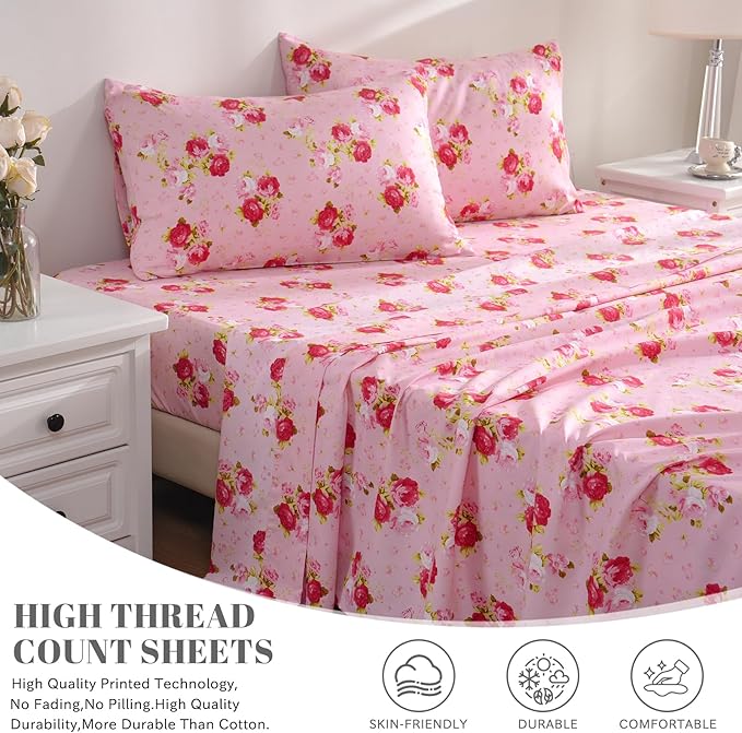 Bedlifes California King Sheet Set Ultra Soft, Breathable, Silky Flower Deep Pocket 100% Microfiber Bedding, 4 Piece Cal King Size Pink Floral(Red Rose)