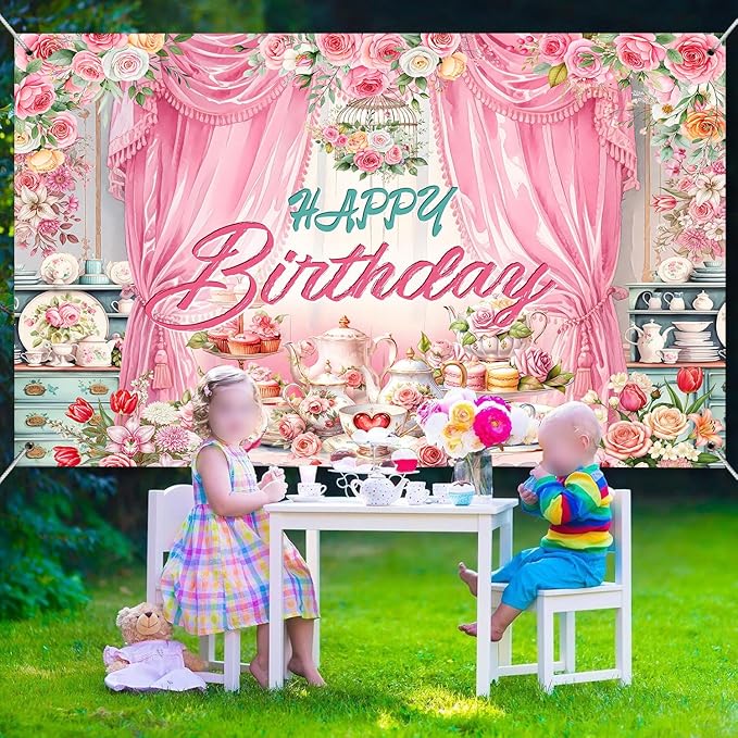 Tea Party Backdrop Let's Partea Happy Birthday Photography Background Wonderland Pink Rose Floral Teapot Women Tea Party Decor Banner Portrait Photo Booth Studio Props 7x5ft FU047YL