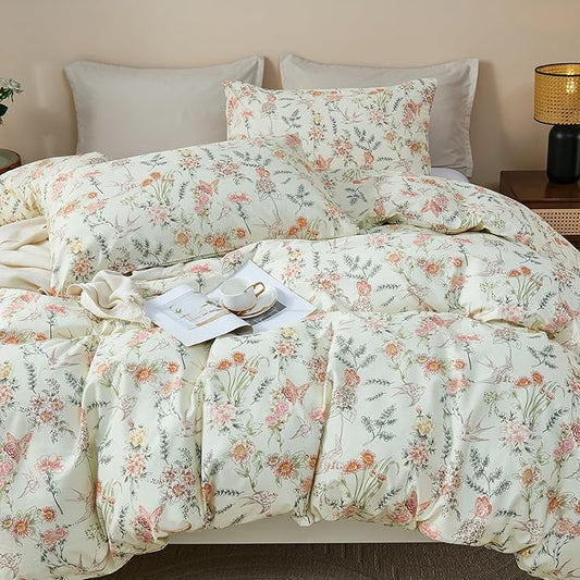 100% Cotton Duvet Cover Queen Size – Vintage Botanical Floral Duvet Cover Set with Zipper Closure, 3-Piece Soft Breathable Natural Premium Cotton Bedding Set for All Seasons