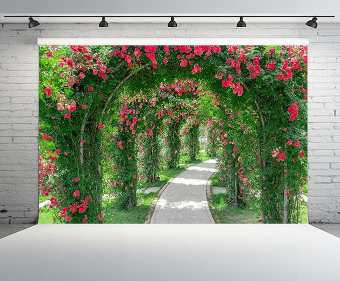 15ftx8ft Spring Flower Garden Backdrop Blossoms Flower Arch Garden Architecture Pillars Blooming Flowers Garden Path Photo Background Outdoor Wedding Portraits Photo Studio Props Wallpaper