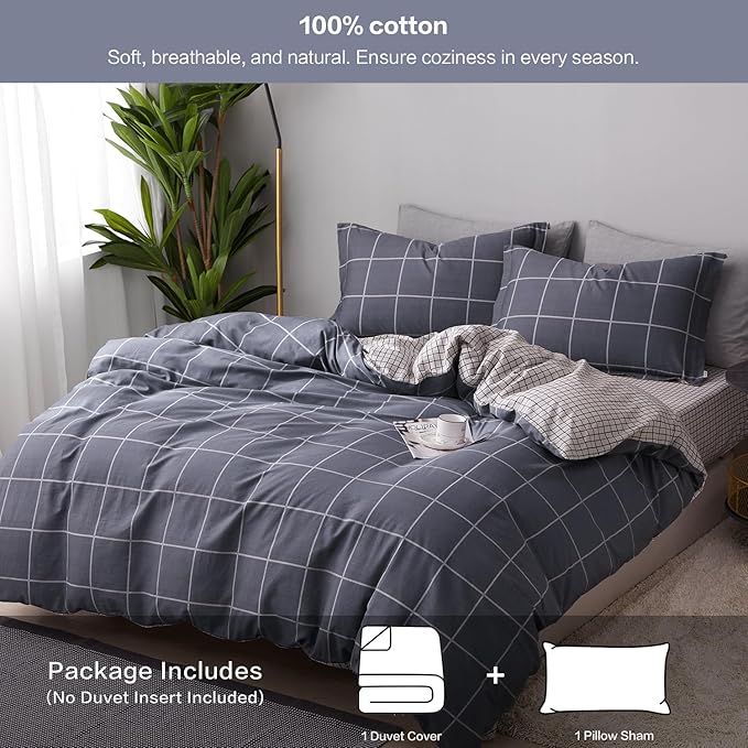 SAPHREAS Boy Gray Plaid Duvet Cover Set Twin Size 2pcs Dark Grey Grid Bedding Comforter Cover Set 1 Duvet Cover 1 Pillow Sham