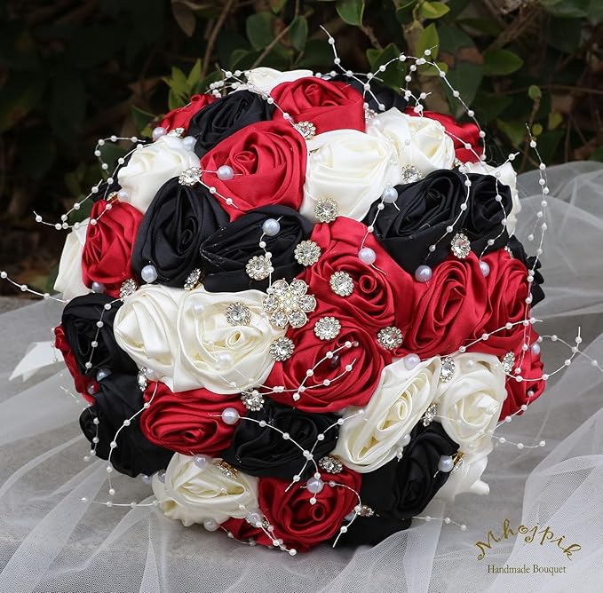 Bridal Wedding Bouquet Round Bling Brooch Bouquet Throw Toss Artificial Rose Flower Bunch for Bride Bridesmaid Wedding Quinceanera(Ruby Red, Black & Ivory, 6.3")